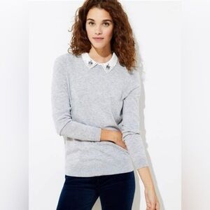 LOFT Subtle Grey Heather Beaded Collared Mixed Media Sweater Size Medium